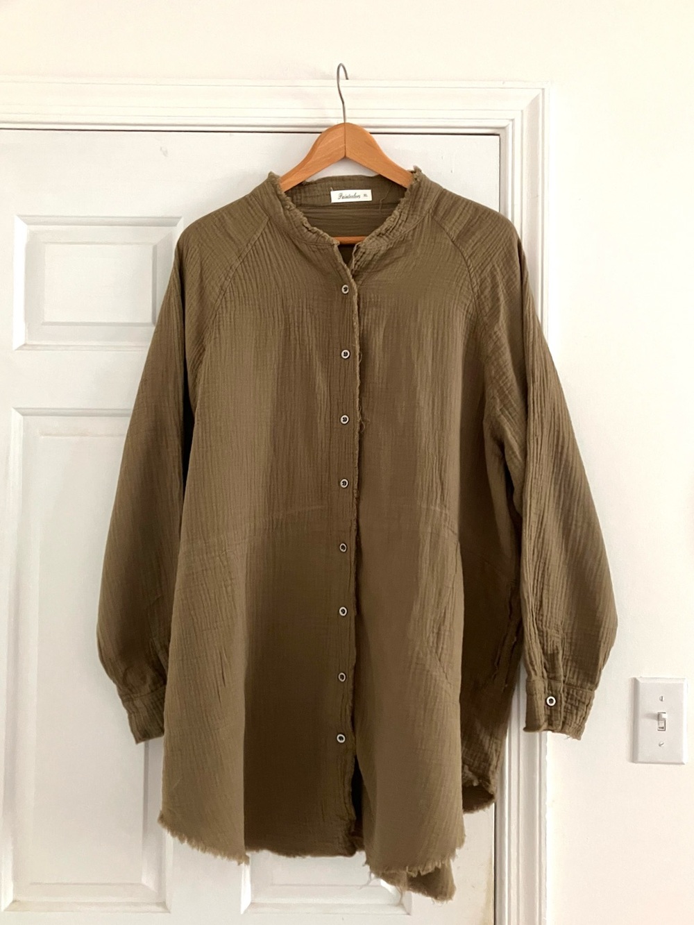 Paintcolors Olive Green Gauze  Cotton Button up shirt dress Boho Size X-Large XL